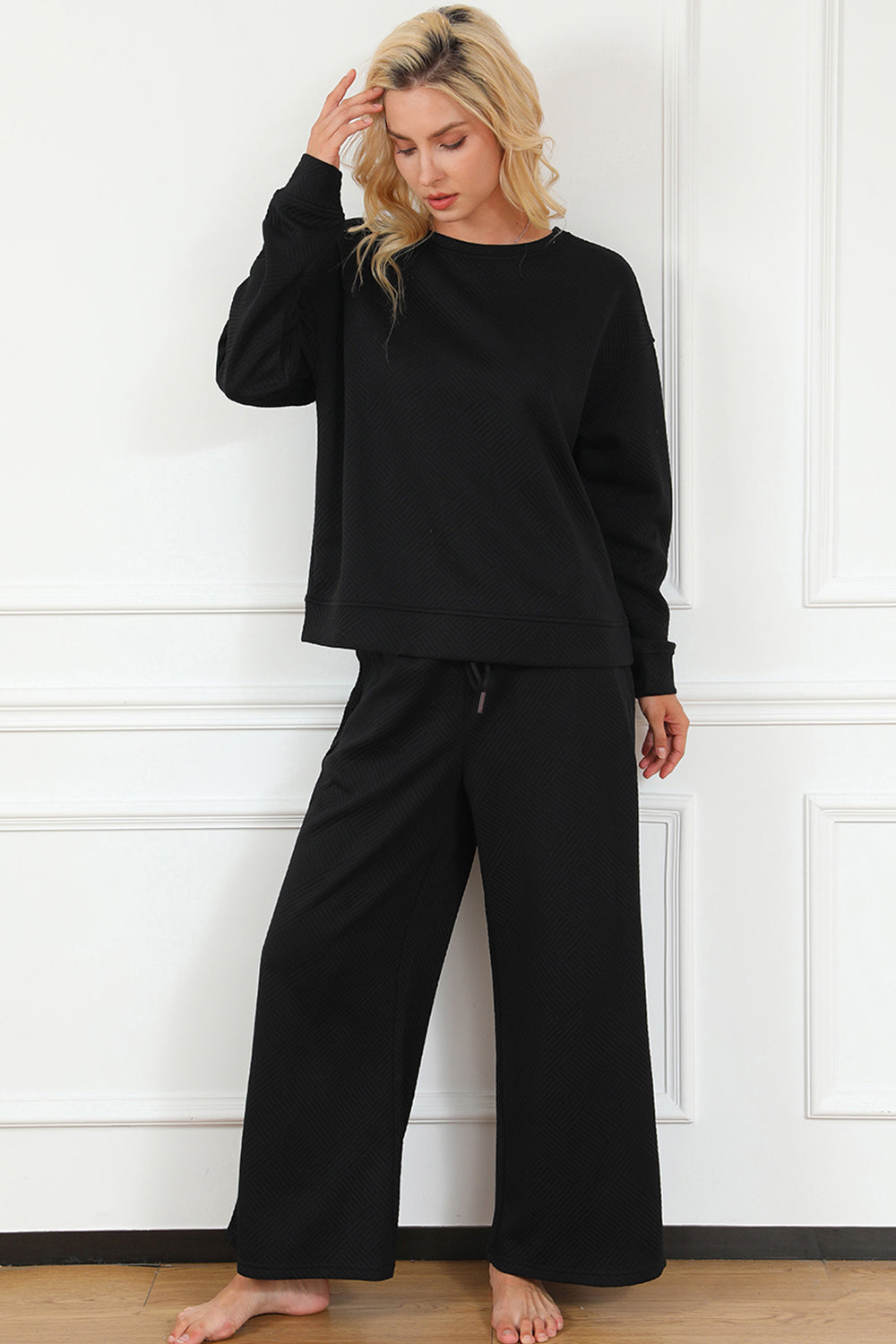 Double take full size textured long sleeve top and drawstring pants set