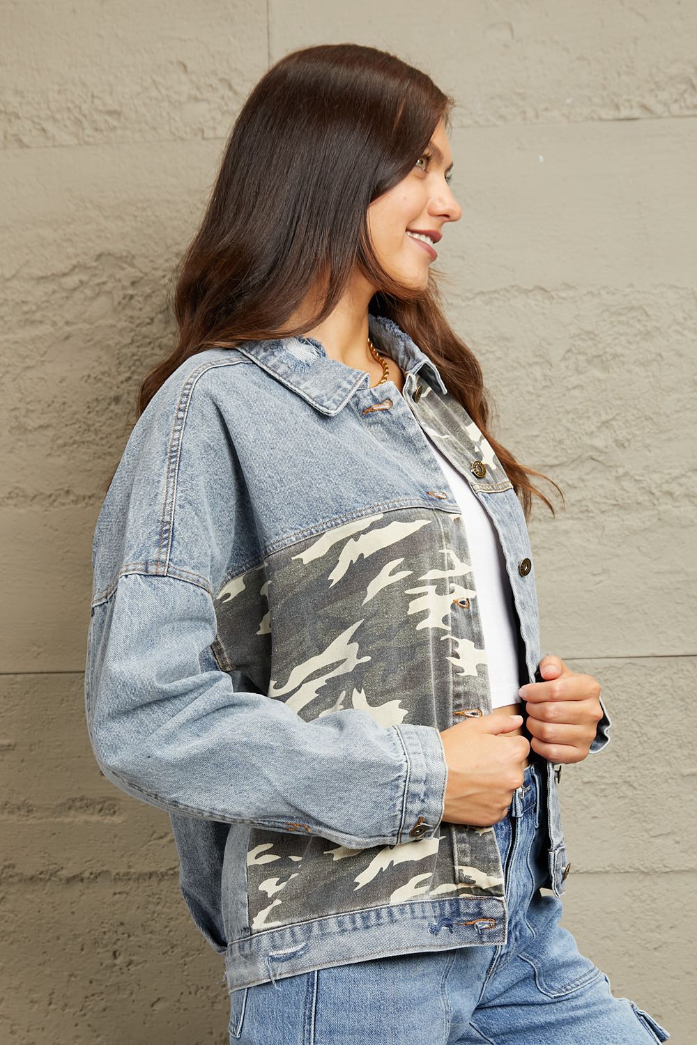 Geegee full size washed denim camo contrast jacket