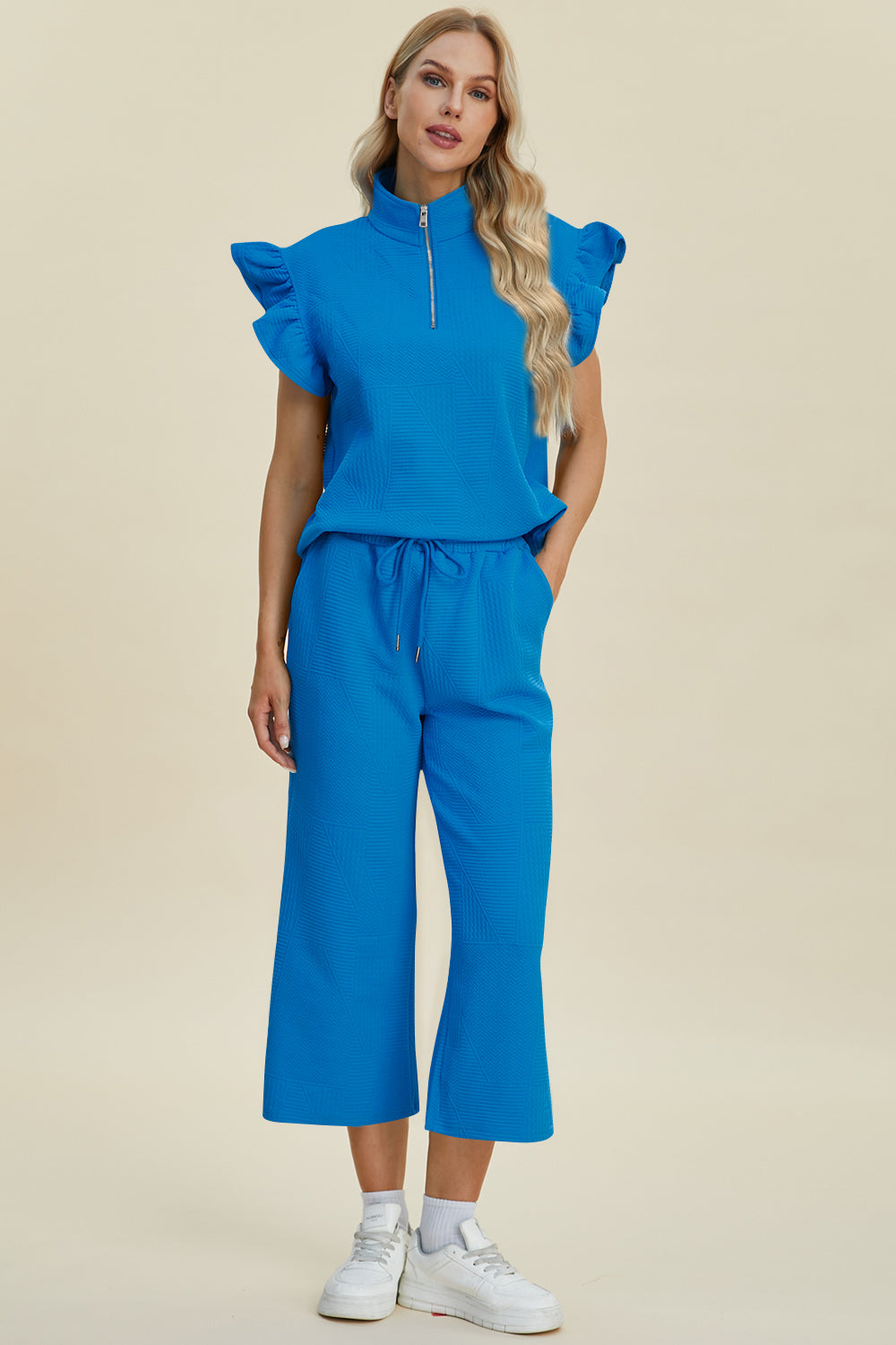 Double take full size texture ruffle short sleeve top and wide leg pants set - sky blue / s