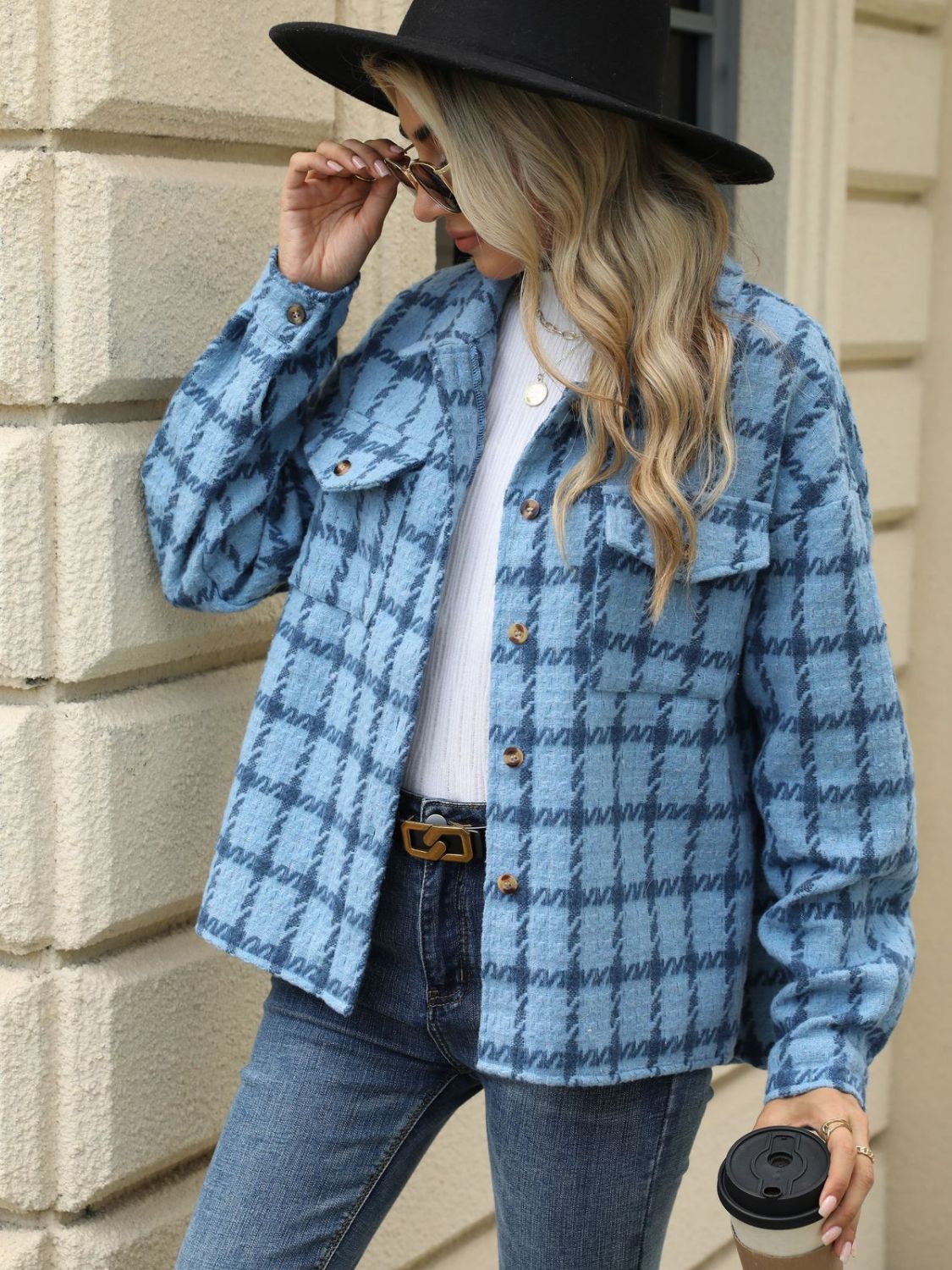 Plaid collared neck long sleeve jacket