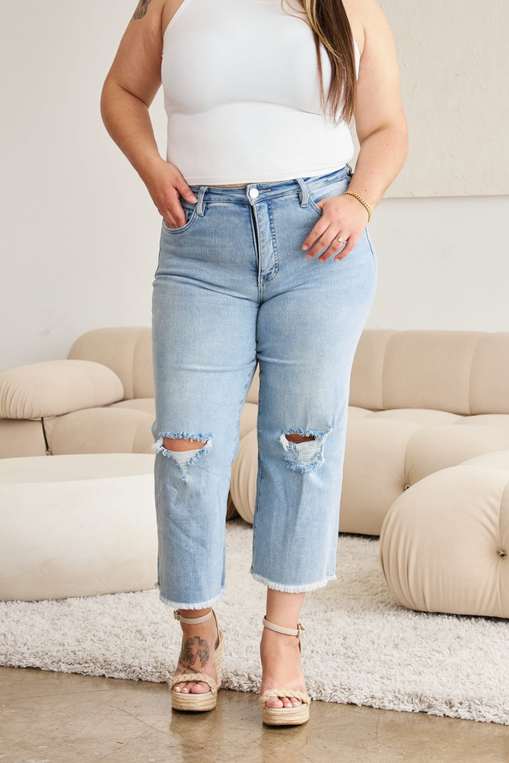 Rfm full size tummy control high waist raw hem distressed jeans