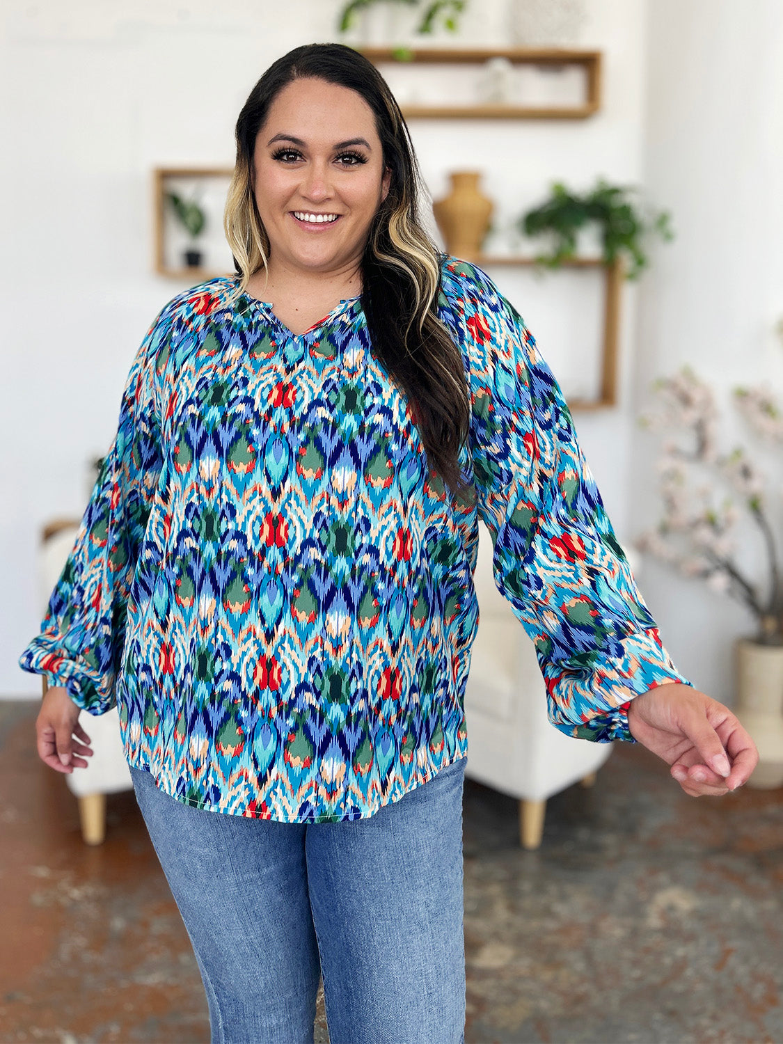 Double take full size printed balloon sleeve blouse