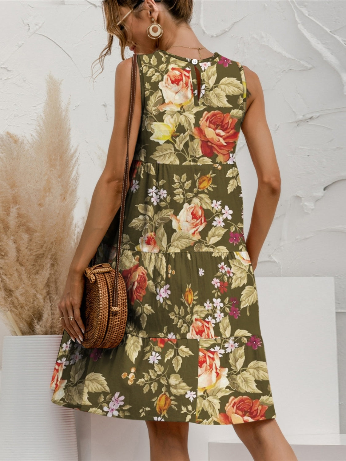 Tiered printed round neck sleeveless dress