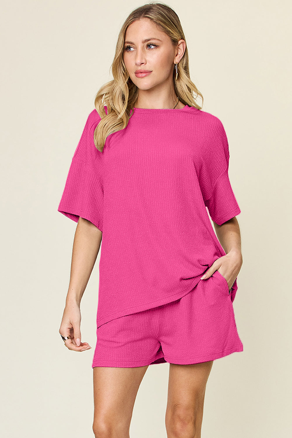 Double take full size round neck short sleeve t-shirt and shorts set - hot pink / s