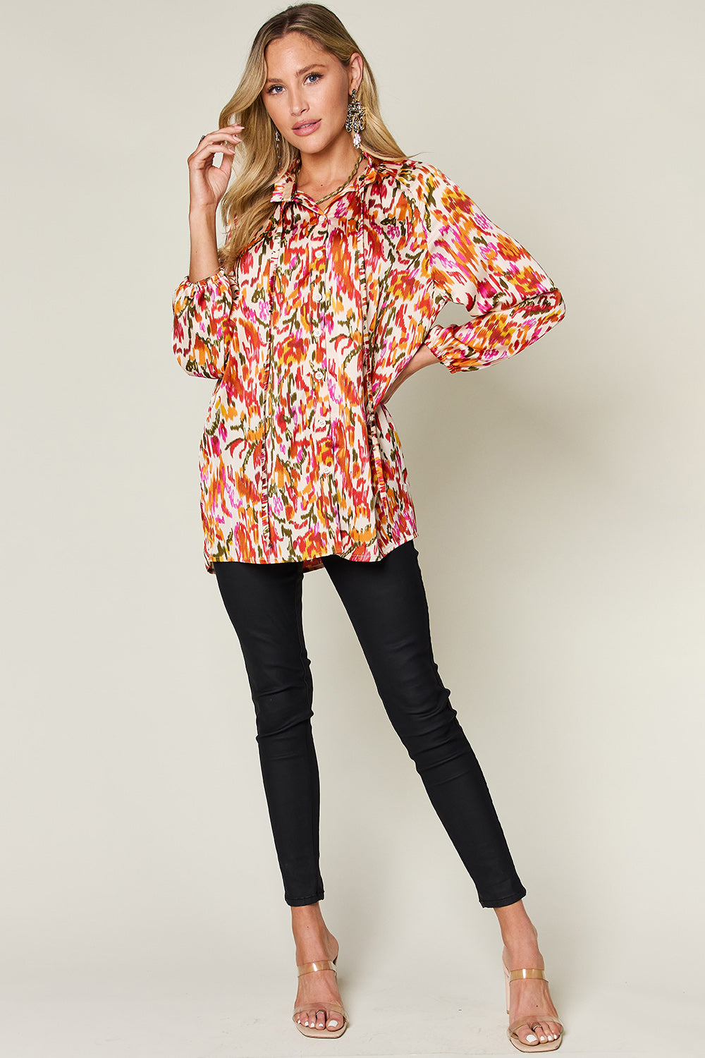 Double take full size printed button up long sleeve shirt