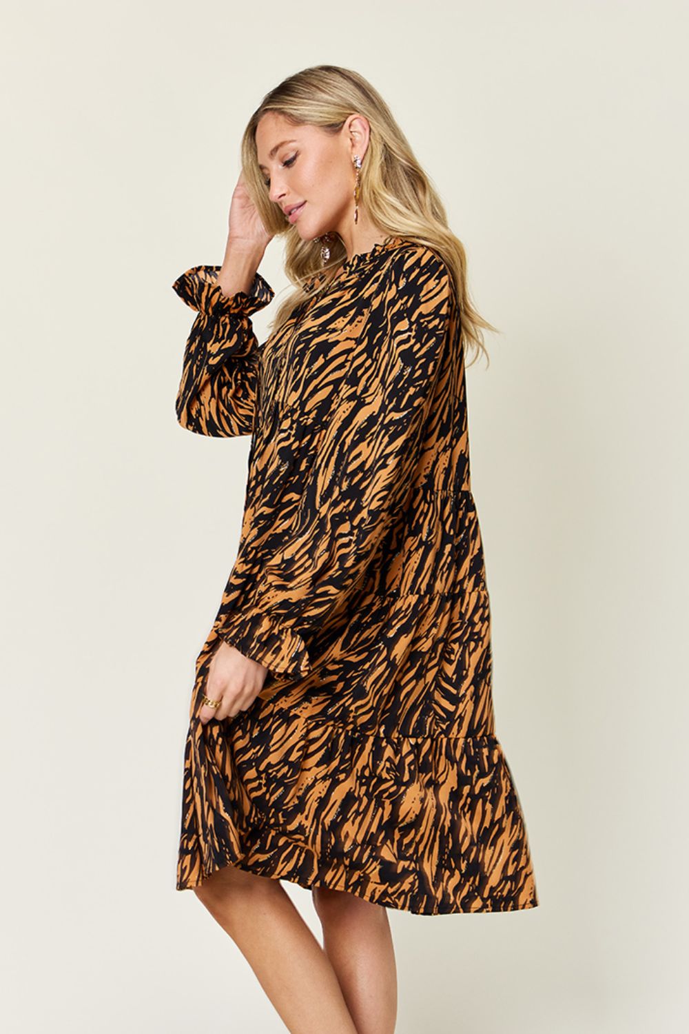 Double take full size printed ruffle hem long sleeve dress