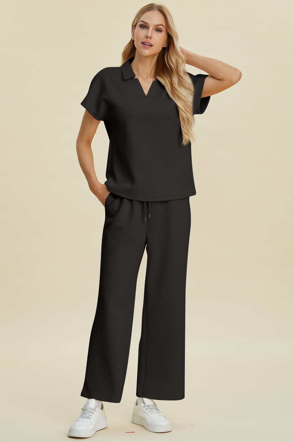 Double take full size collared neck short sleeve top and pants set