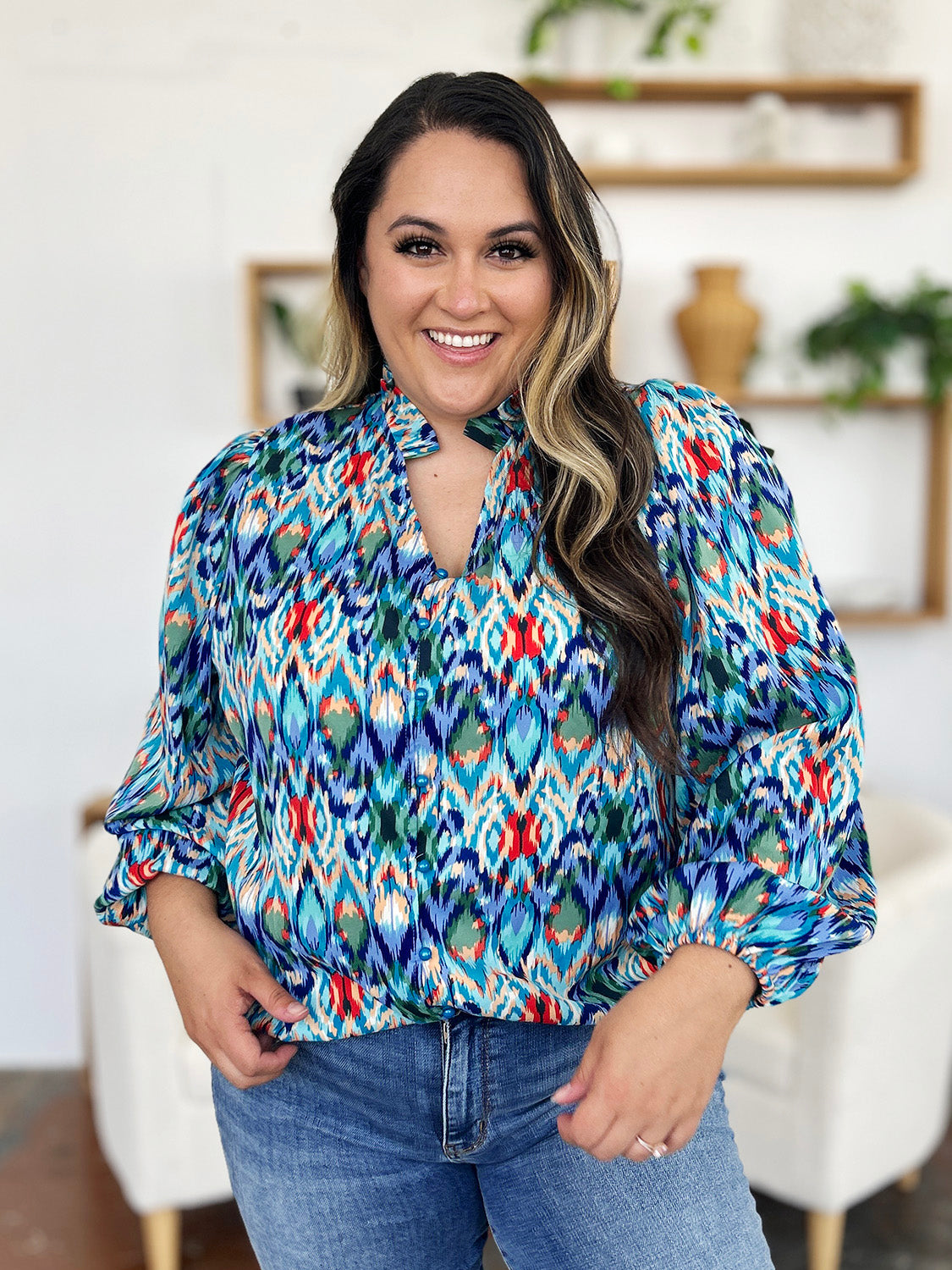 Double take full size printed balloon sleeve blouse