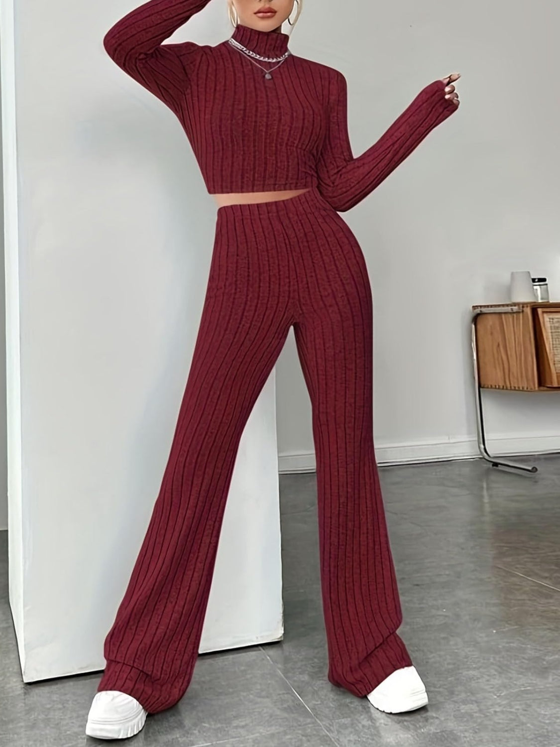 Ribbed mock neck long sleeve top and pants set - burgundy / s