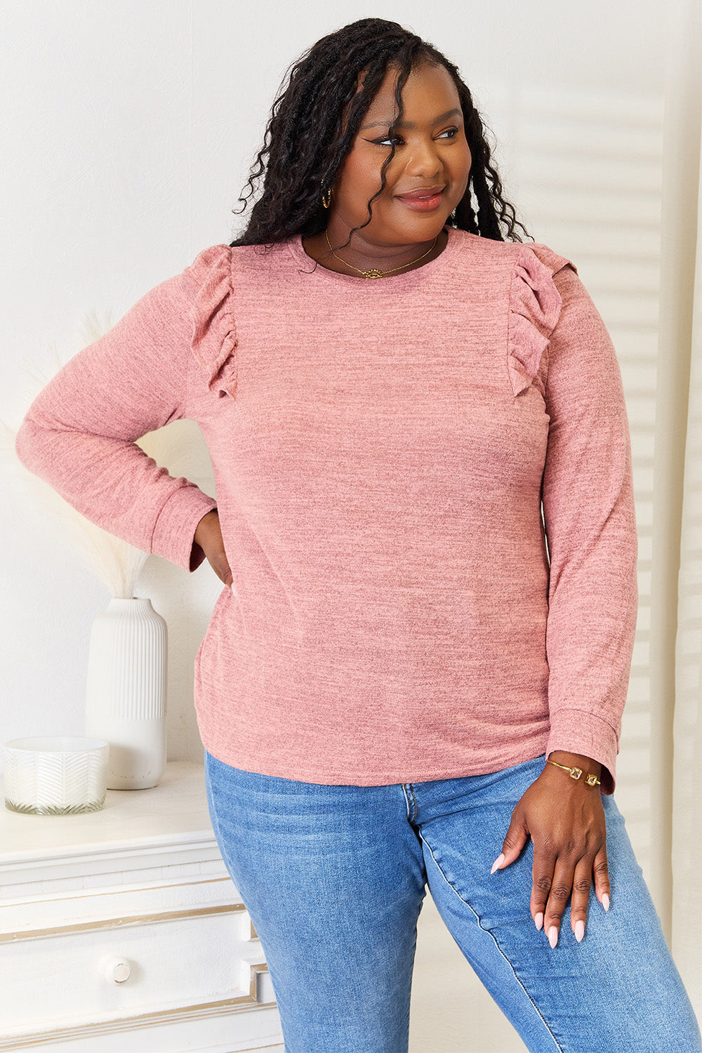 Double take ruffle shoulder long sleeve t-shirt - dusty pink / s