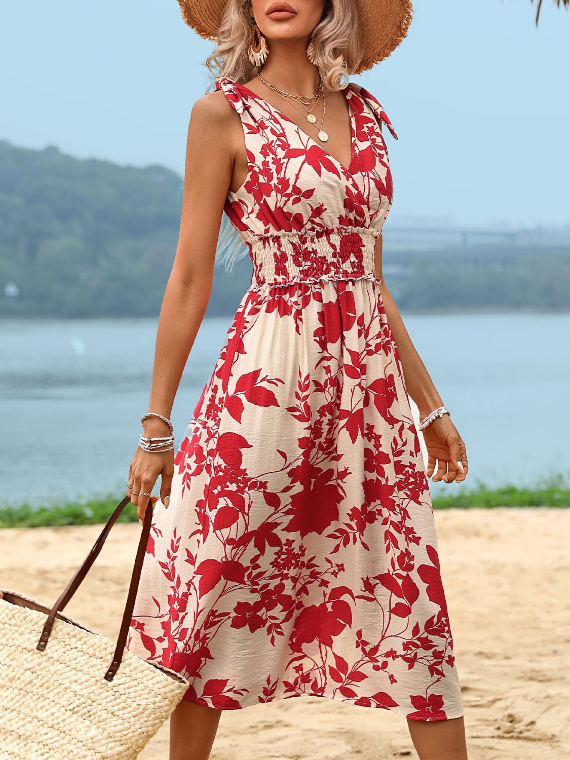 Smocked printed surplice midi dress