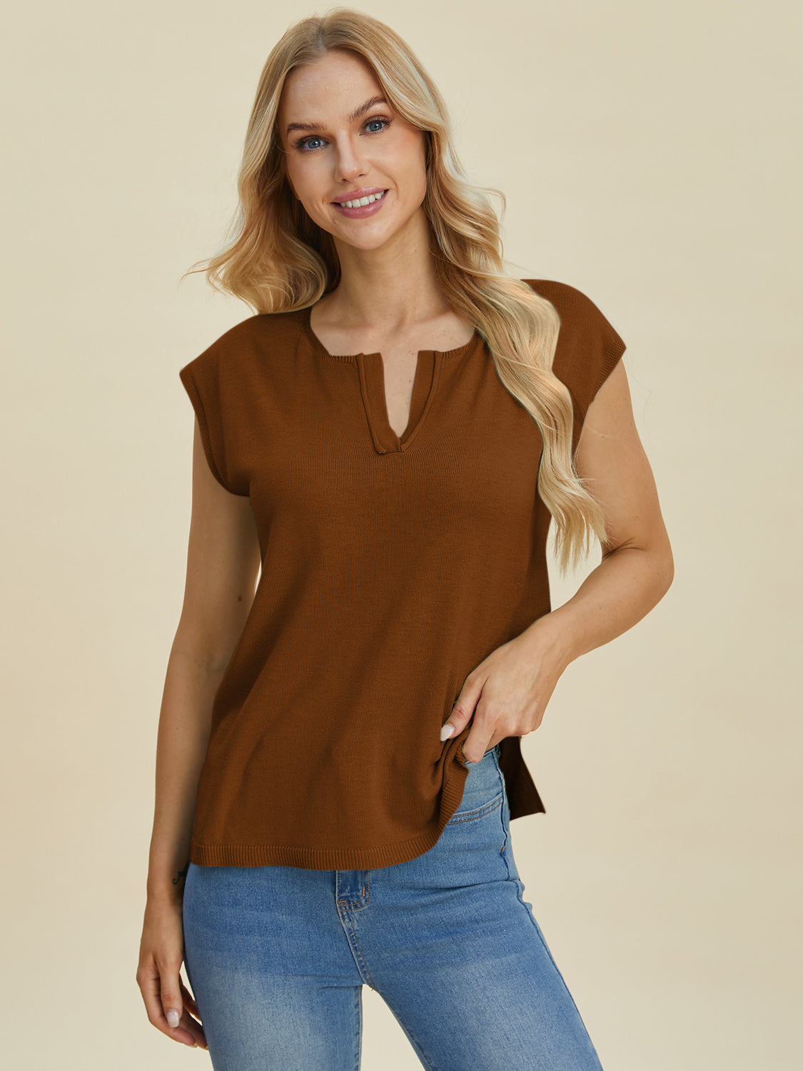 Double take full size notched cap sleeve knit top - caramel / s