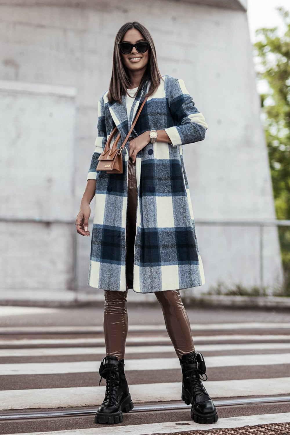 Double take full size plaid button up lapel collar coat - peacock blue / s