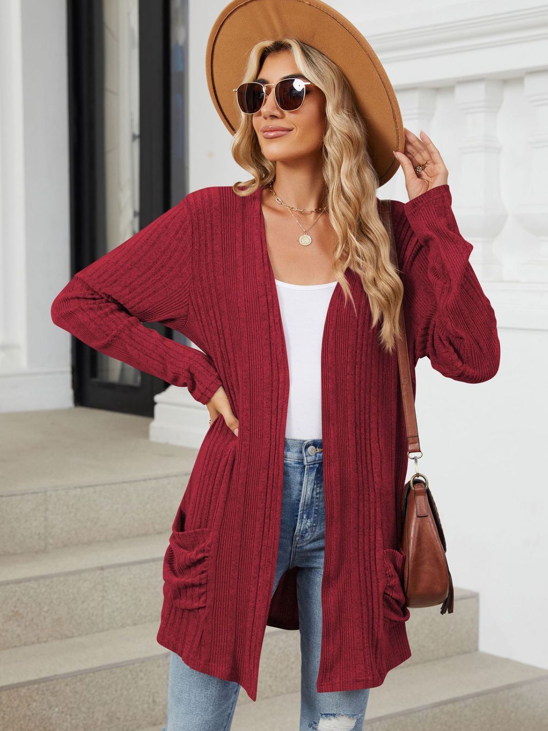 Pocketed open front long sleeve cardigan