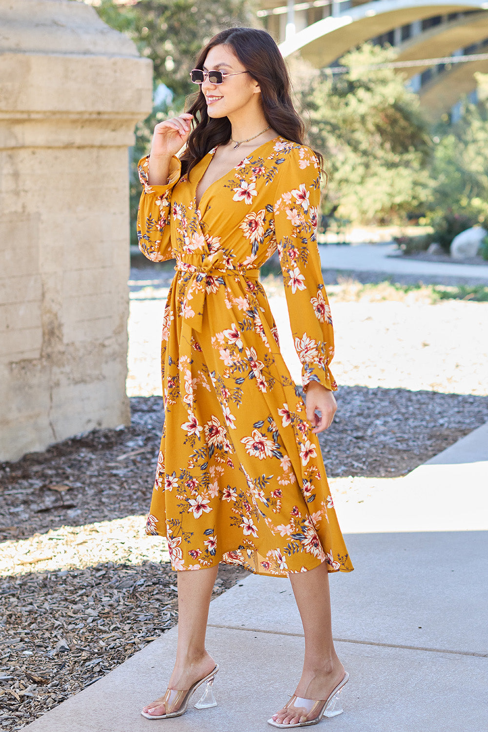 Double take full size floral tie back flounce sleeve dress