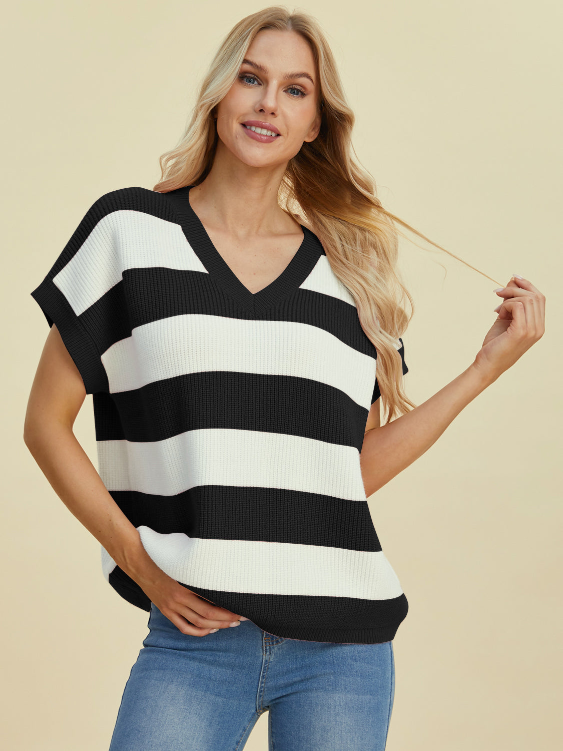 Double take full size striped v-neck short sleeve sweater