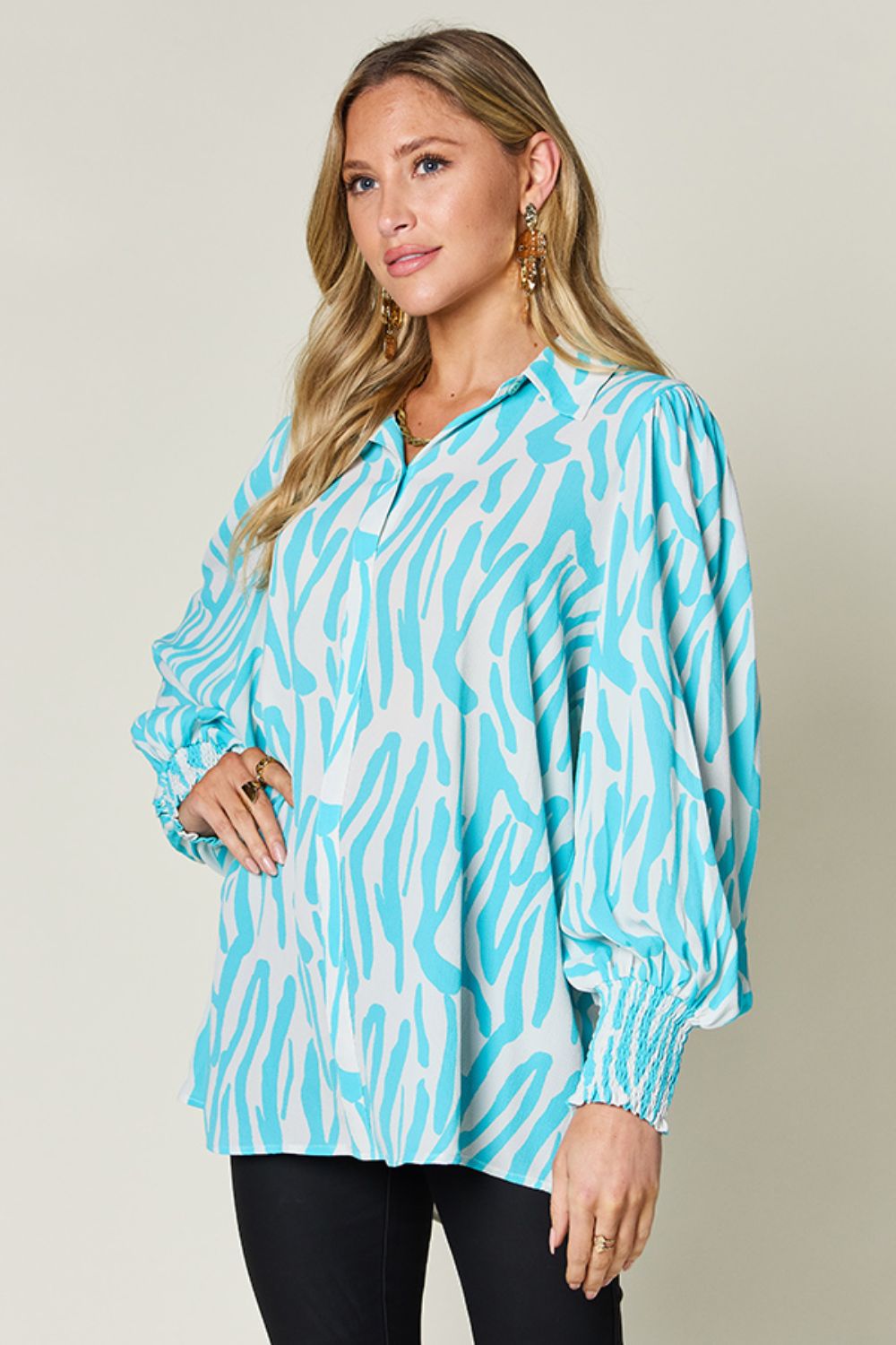 Double take full size printed smocked long sleeve blouse