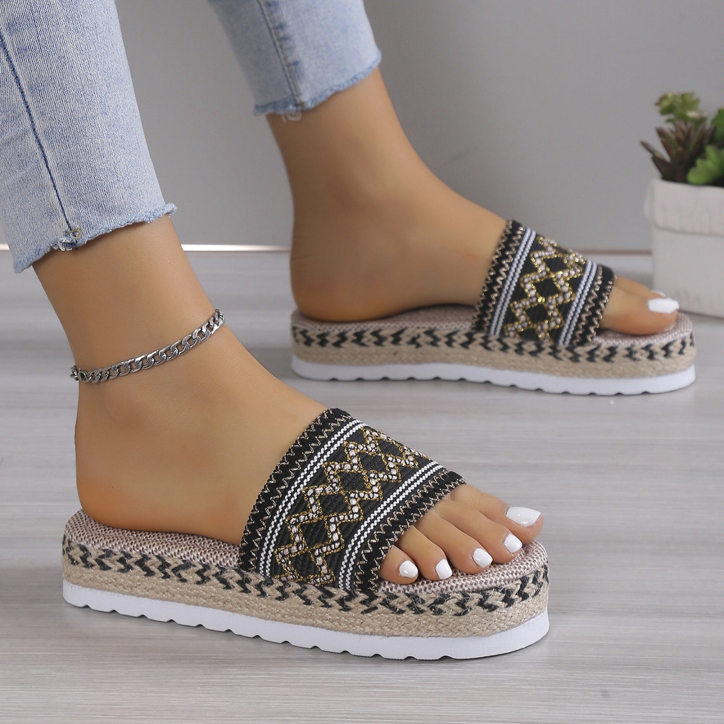 Geometric weave platform sandals