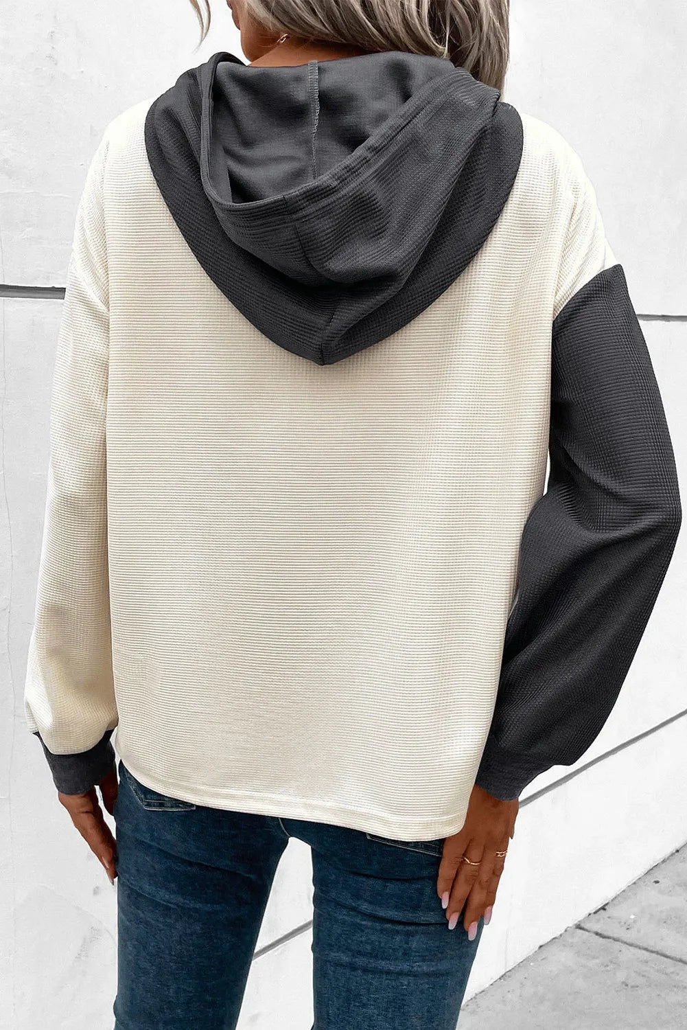 Drawstring quarter button contrast long sleeve hoodie