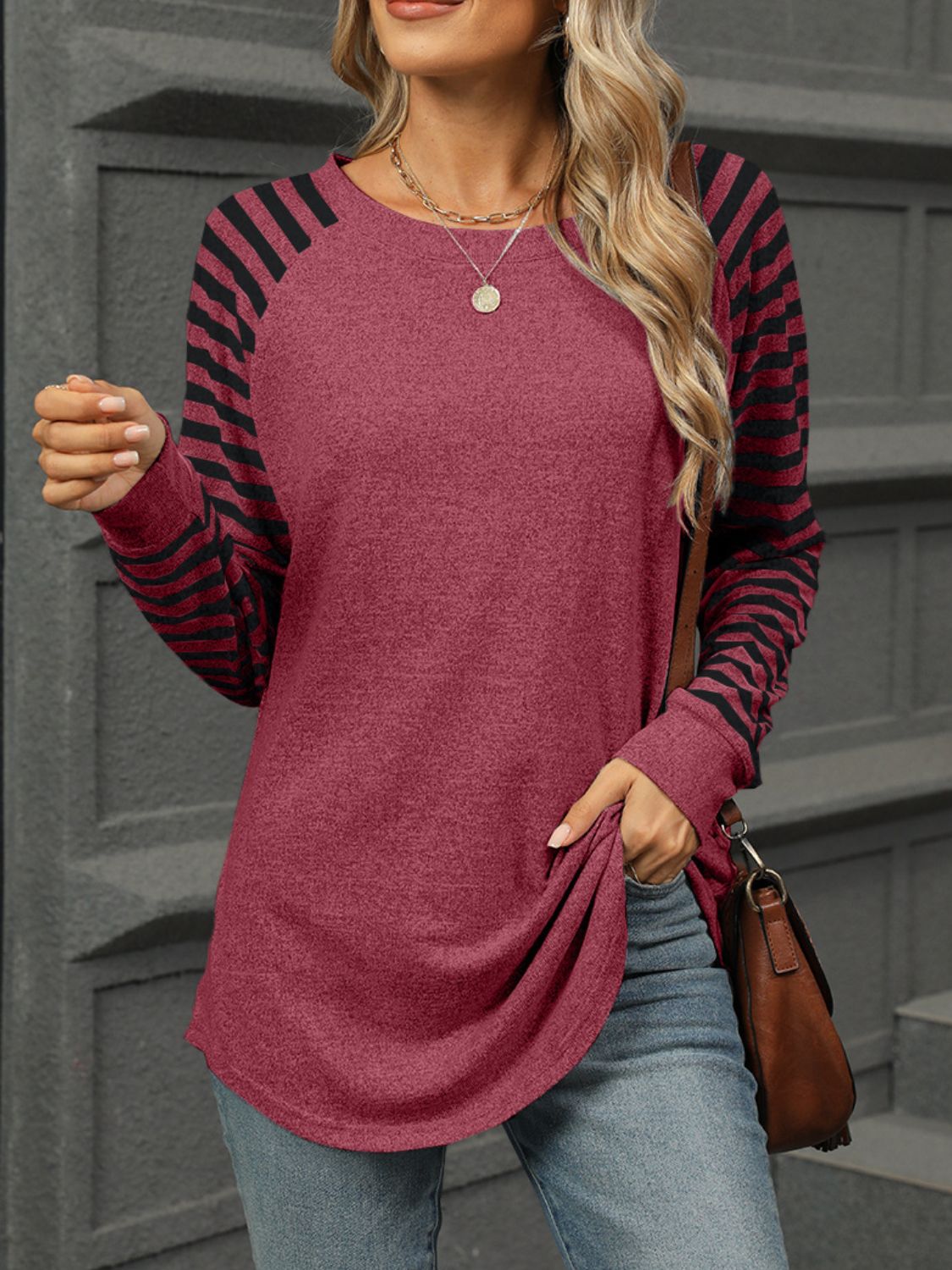 Striped round neck long sleeve t-shirt - burgundy / s