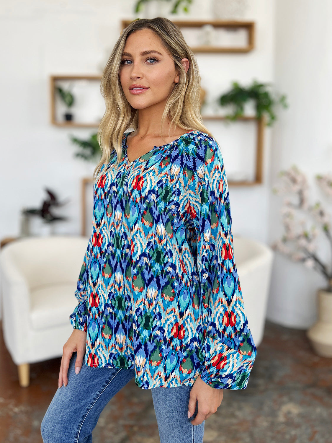 Double take full size printed balloon sleeve blouse