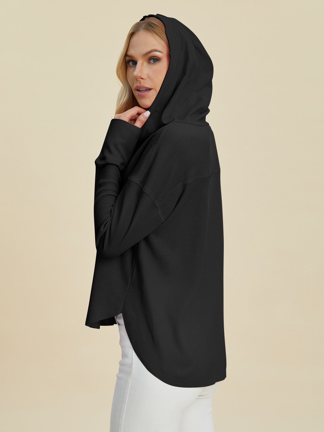 Double take full size high-low dropped shoulder long sleeve hoodie