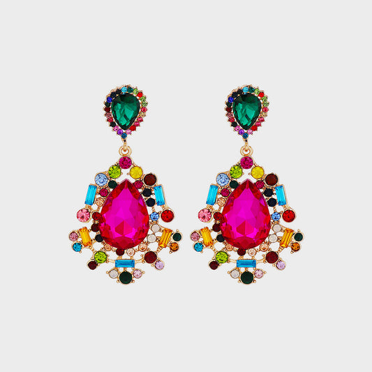 Teardrop shape rhinestone alloy dangle earrings - hot pink / one size