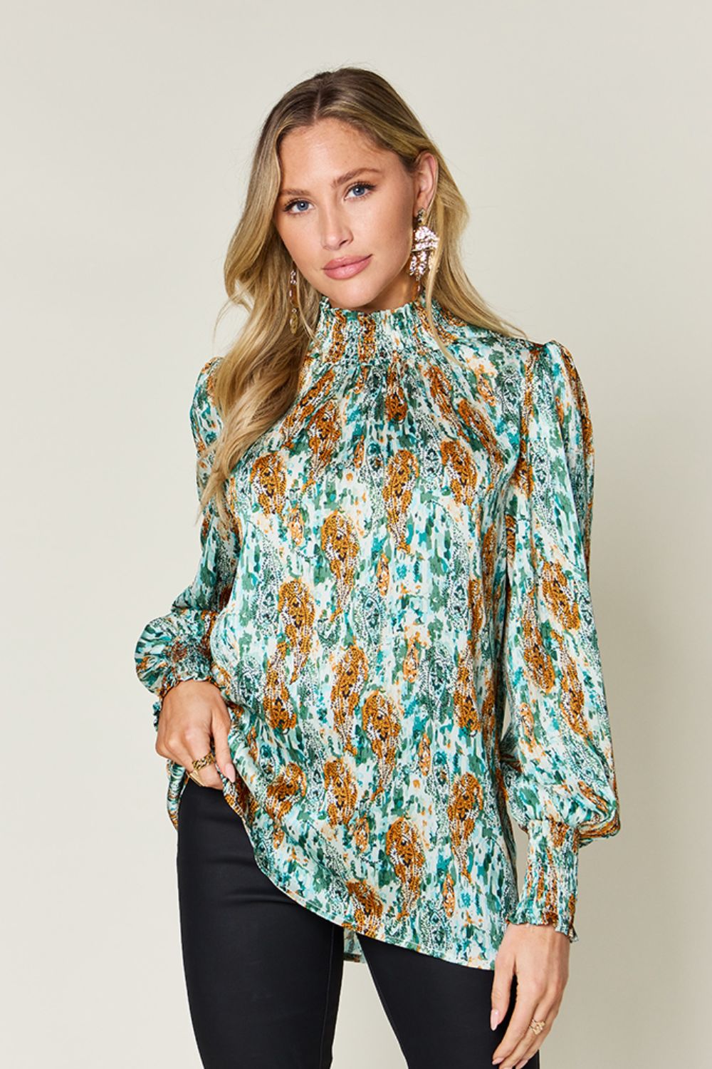 Double take full size printed smocked long sleeve blouse - green / s