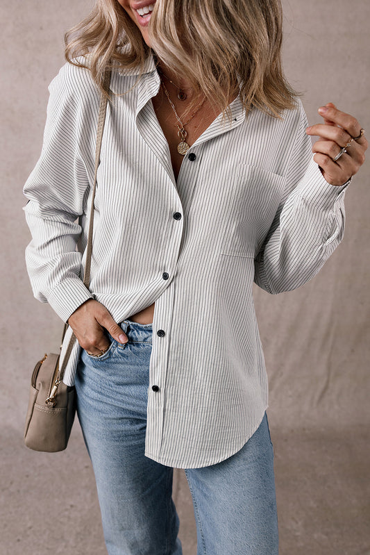 Pocketed striped collared neck long sleeve shirt - stripe / s