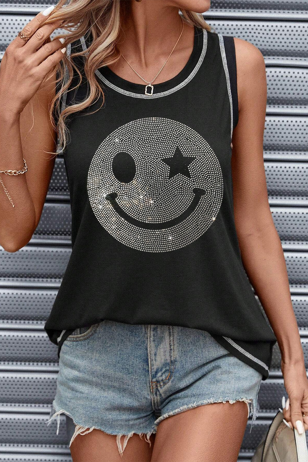 Rhinestone smile face round neck tank