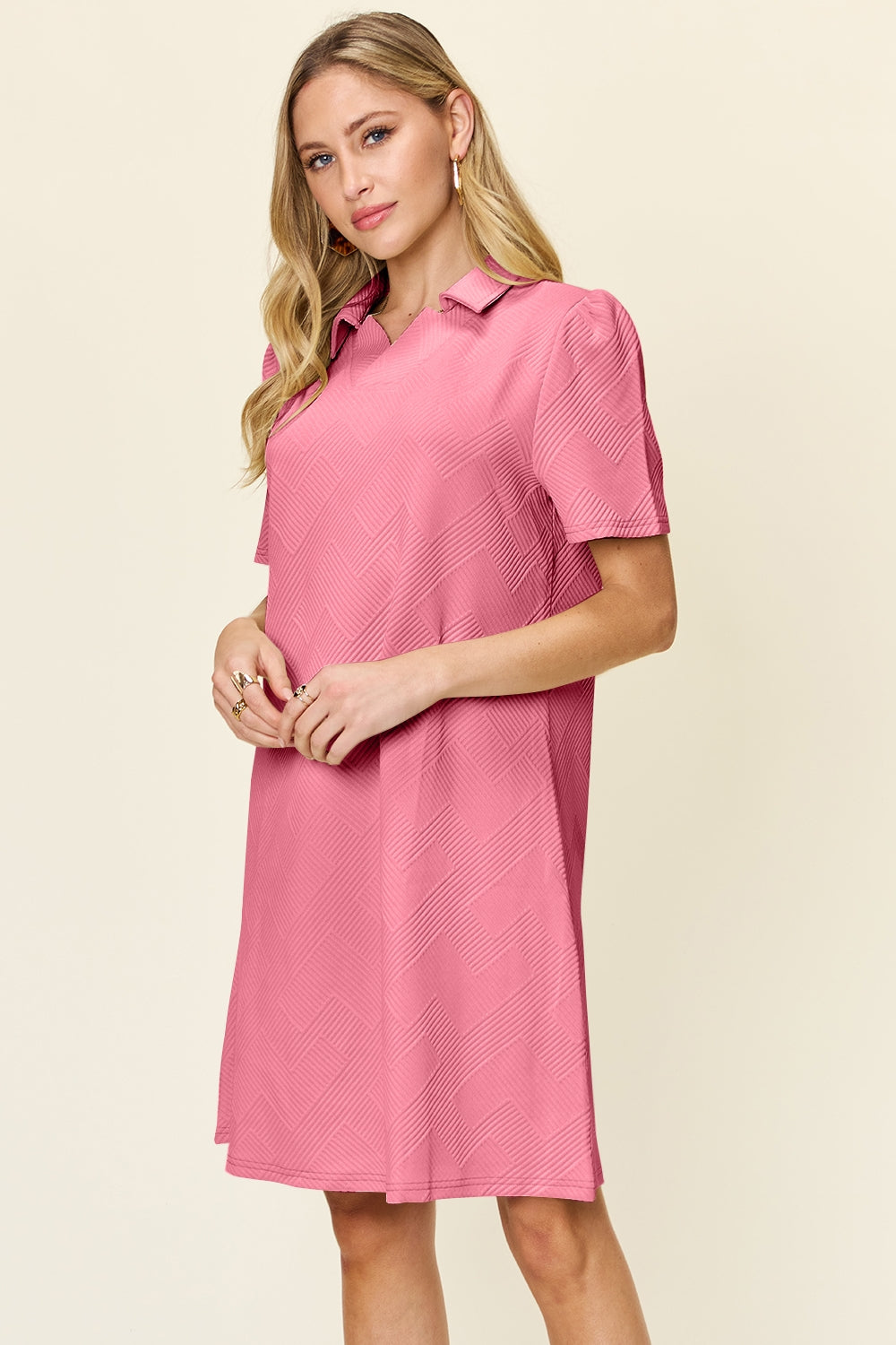 Double take full size texture collared neck short sleeve dress