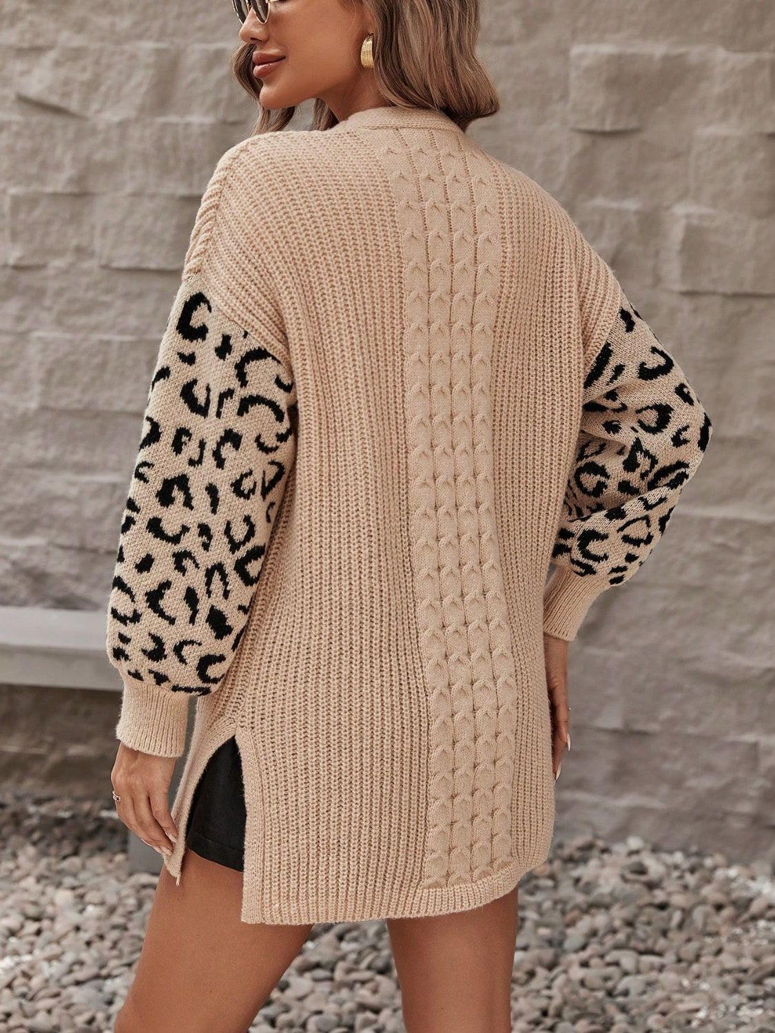 Pocketed leopard open front cardigan