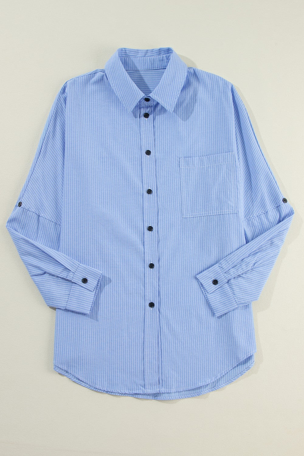 Pocketed striped collared neck long sleeve shirt - light blue / s