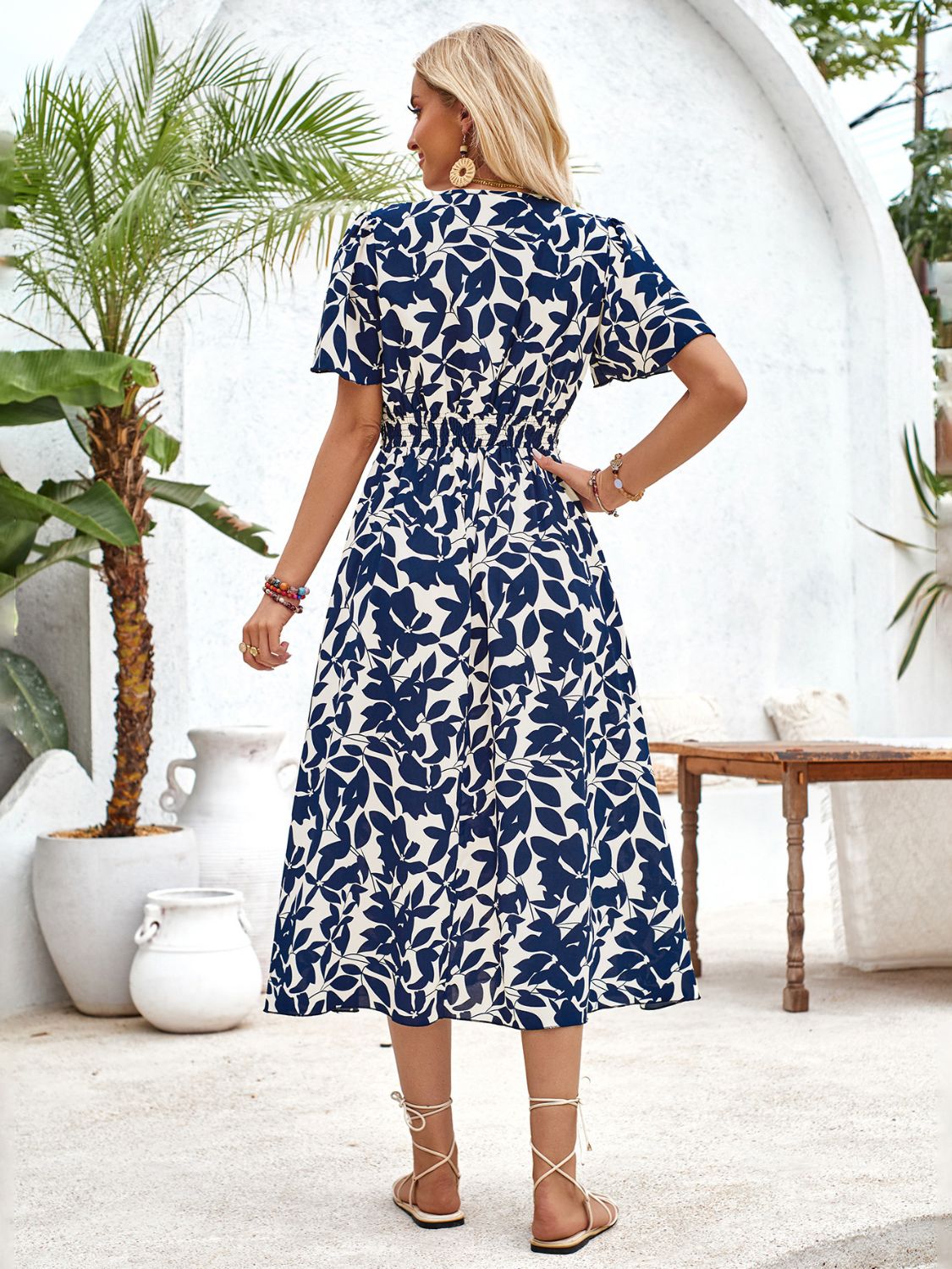 Printed surplice short sleeve midi dress