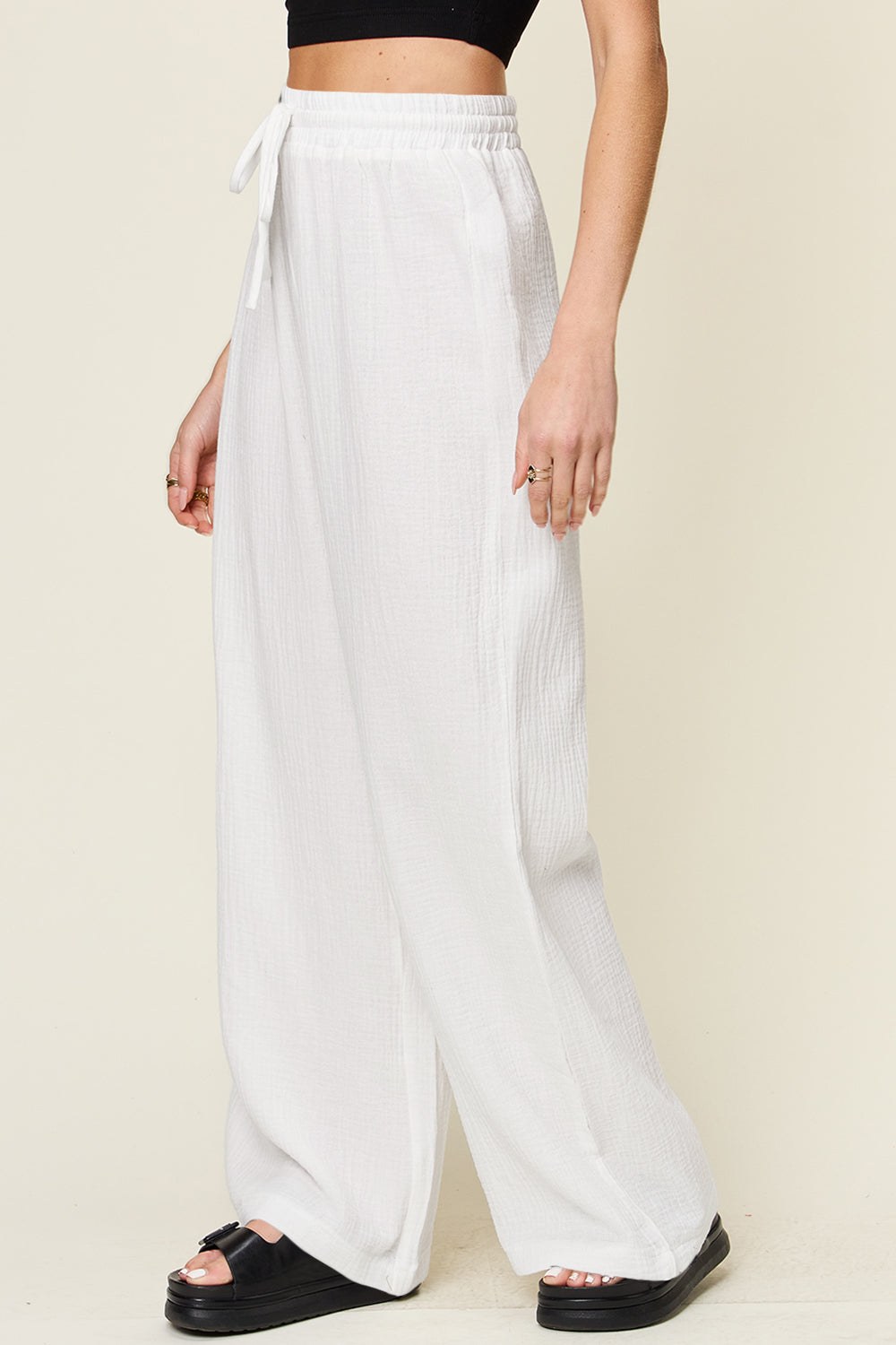 Double take full size texture drawstring wide leg pants