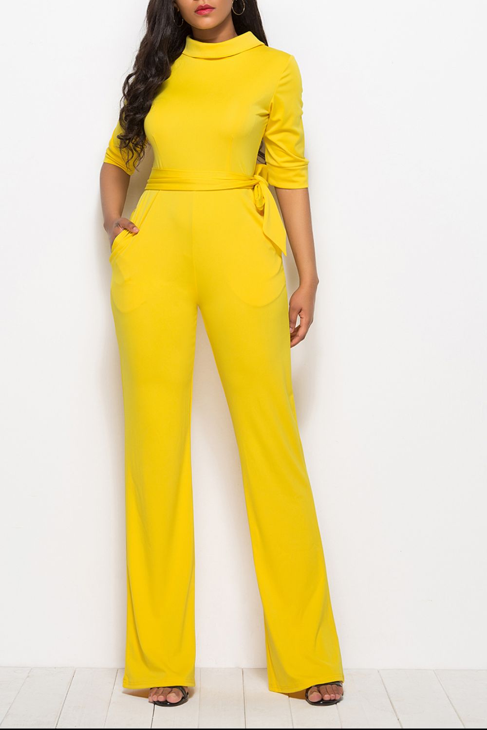 Mock neck tie-waist half sleeve jumpsuit - yellow / s