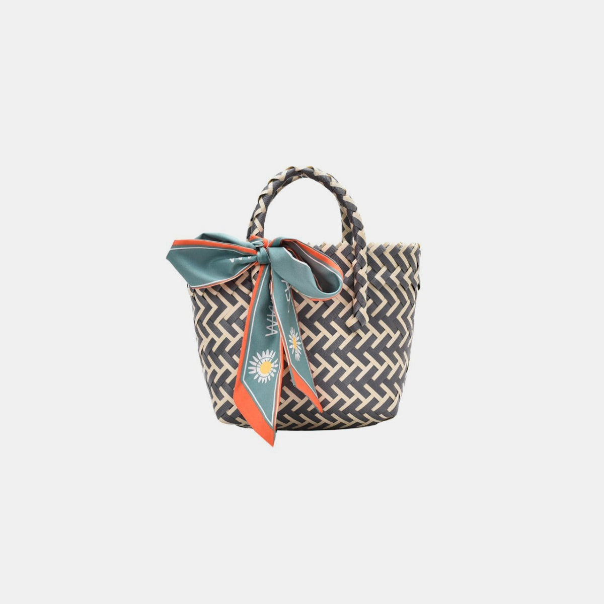 Contrast woven handbag with ribbon - black / one size