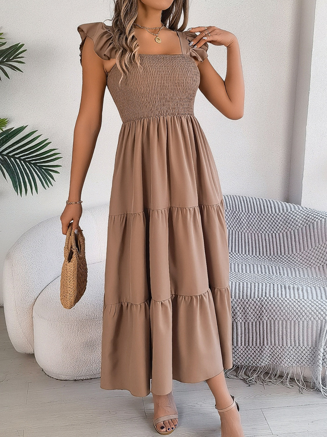 Smocked square neck cap sleeve midi dress