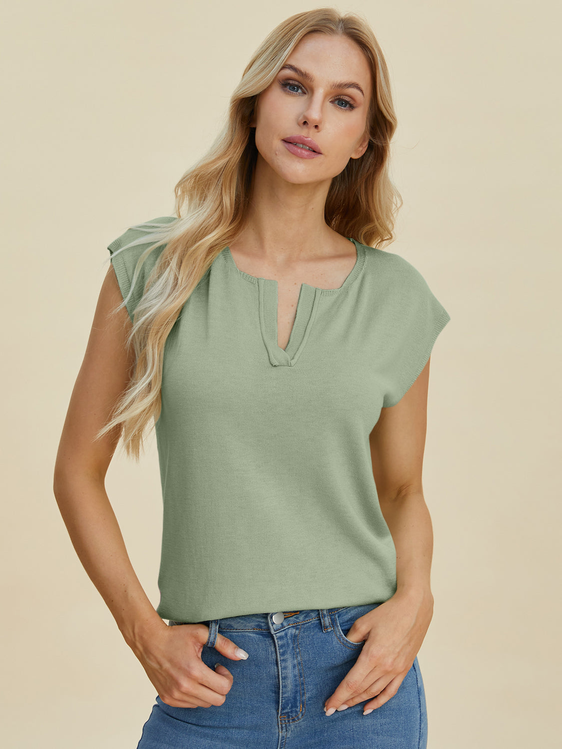 Double take full size notched cap sleeve knit top - sage / s