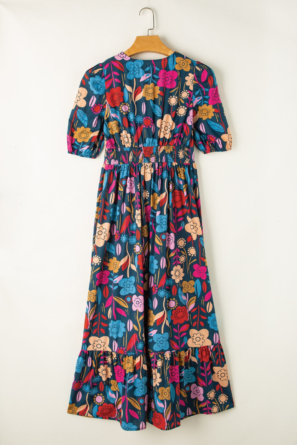 Printed notched puff sleeve midi dress