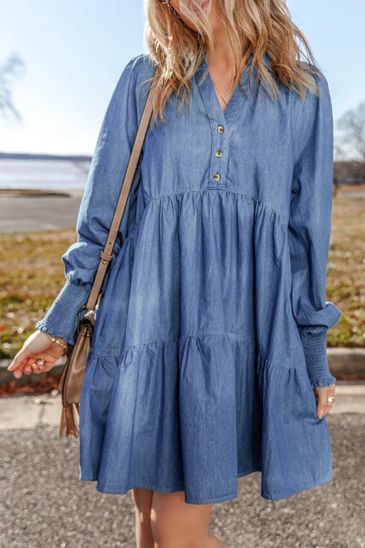 Tiered johnny collar long sleeve denim dress - medium / s