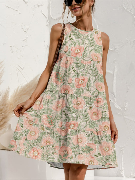 Tiered printed round neck sleeveless dress - watermelon pink / s