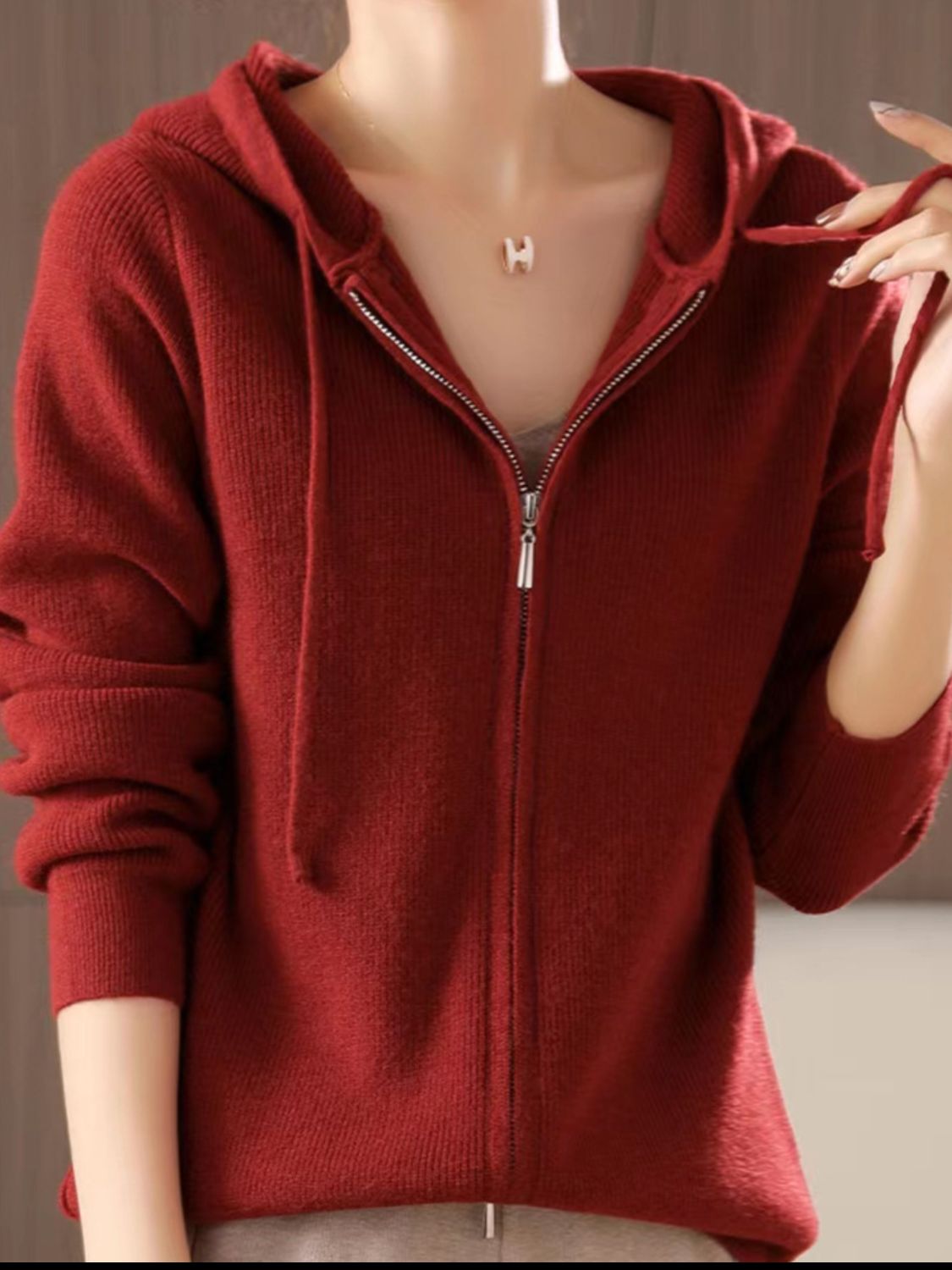 Drawstring zip up long sleeve hooded sweater