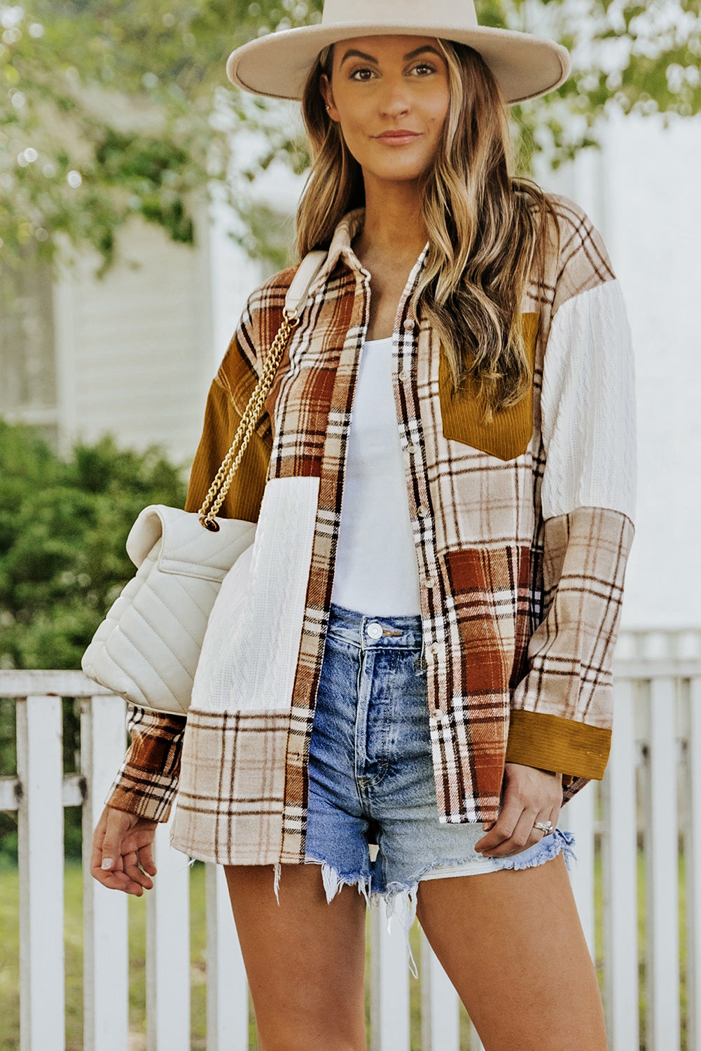 Double take plaid color block dropped shoulder shacket