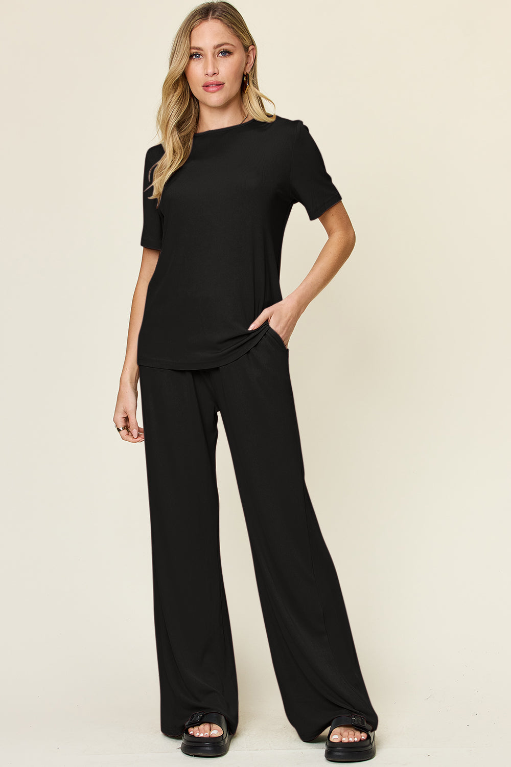 Double take full size round neck short sleeve t-shirt and wide leg pants set - black / s