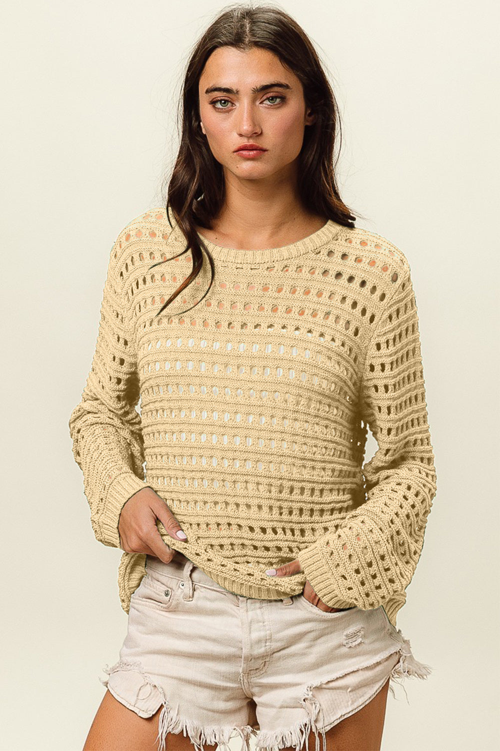 Bibi round neck openwork knit cover up