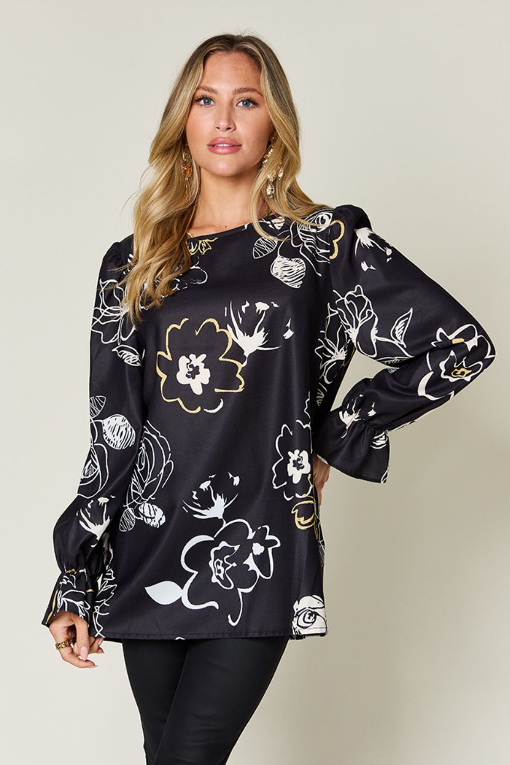 Double take full size printed flounce sleeve blouse - black / s