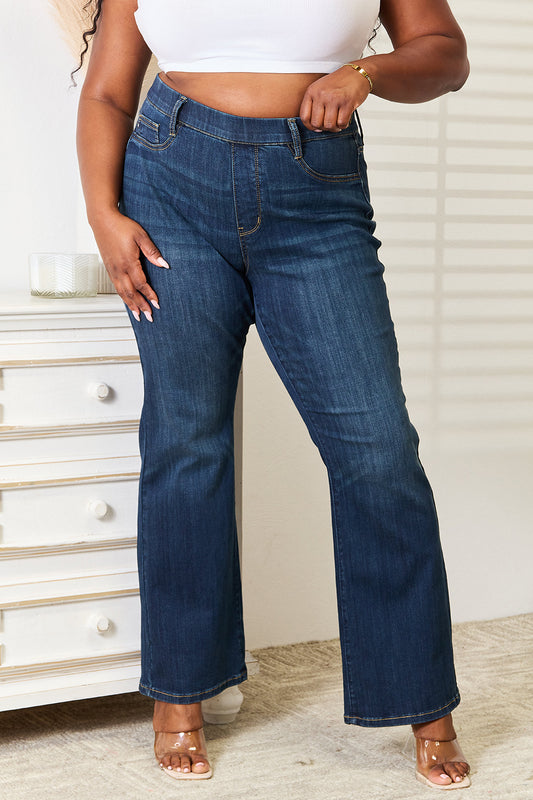 Judy blue full size elastic waistband slim bootcut jeans - dark / 0(24)