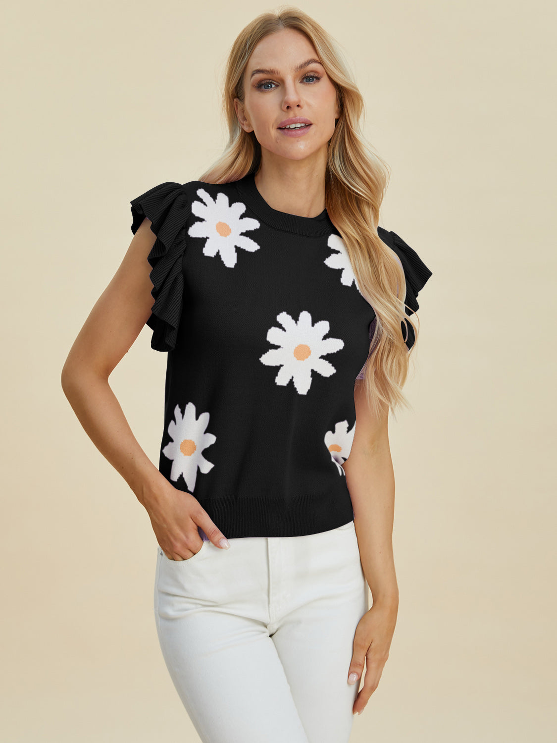 Double take full size ruffled flower round neck cap sleeve sweater