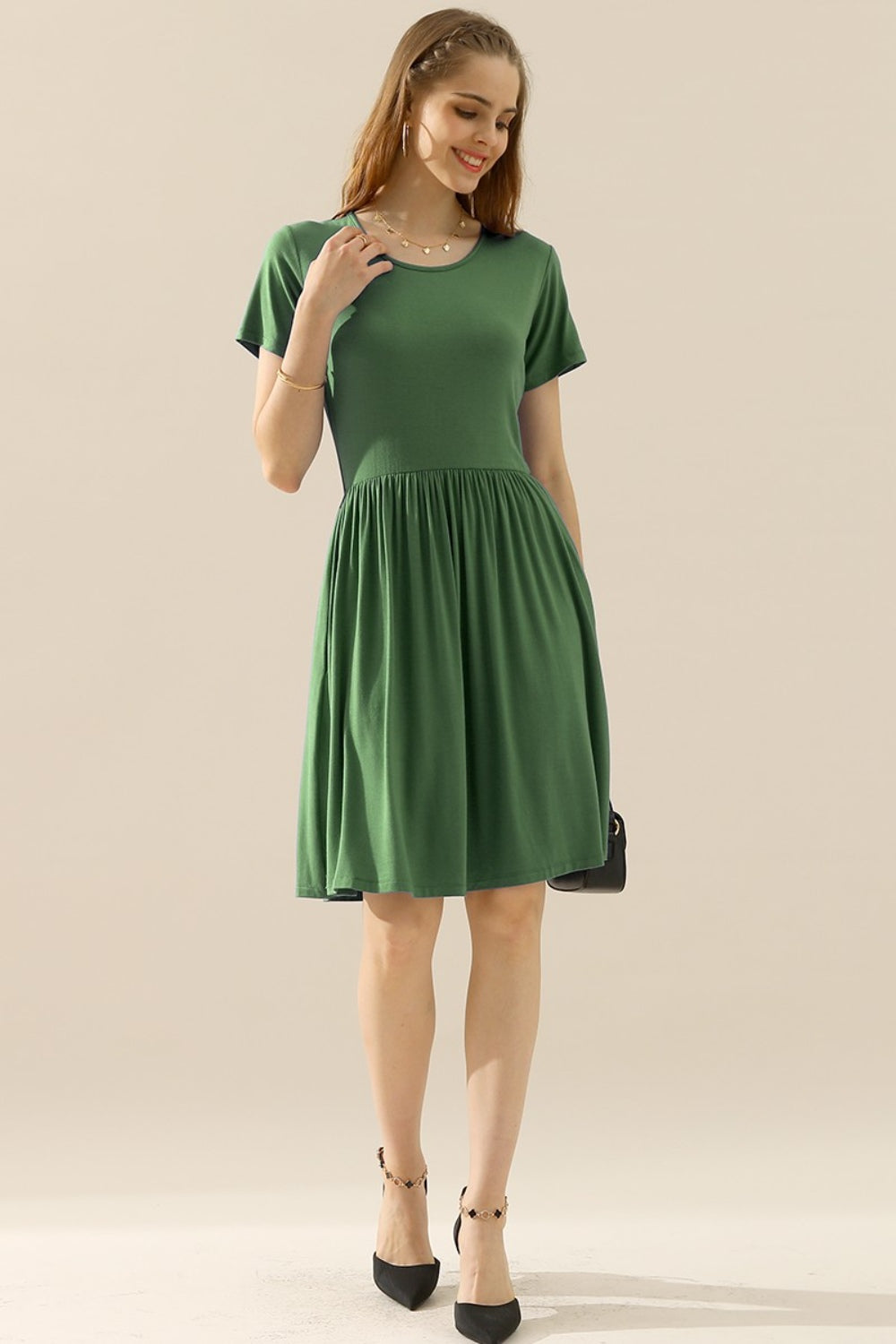 Ninexis full size round neck ruched dress with pockets